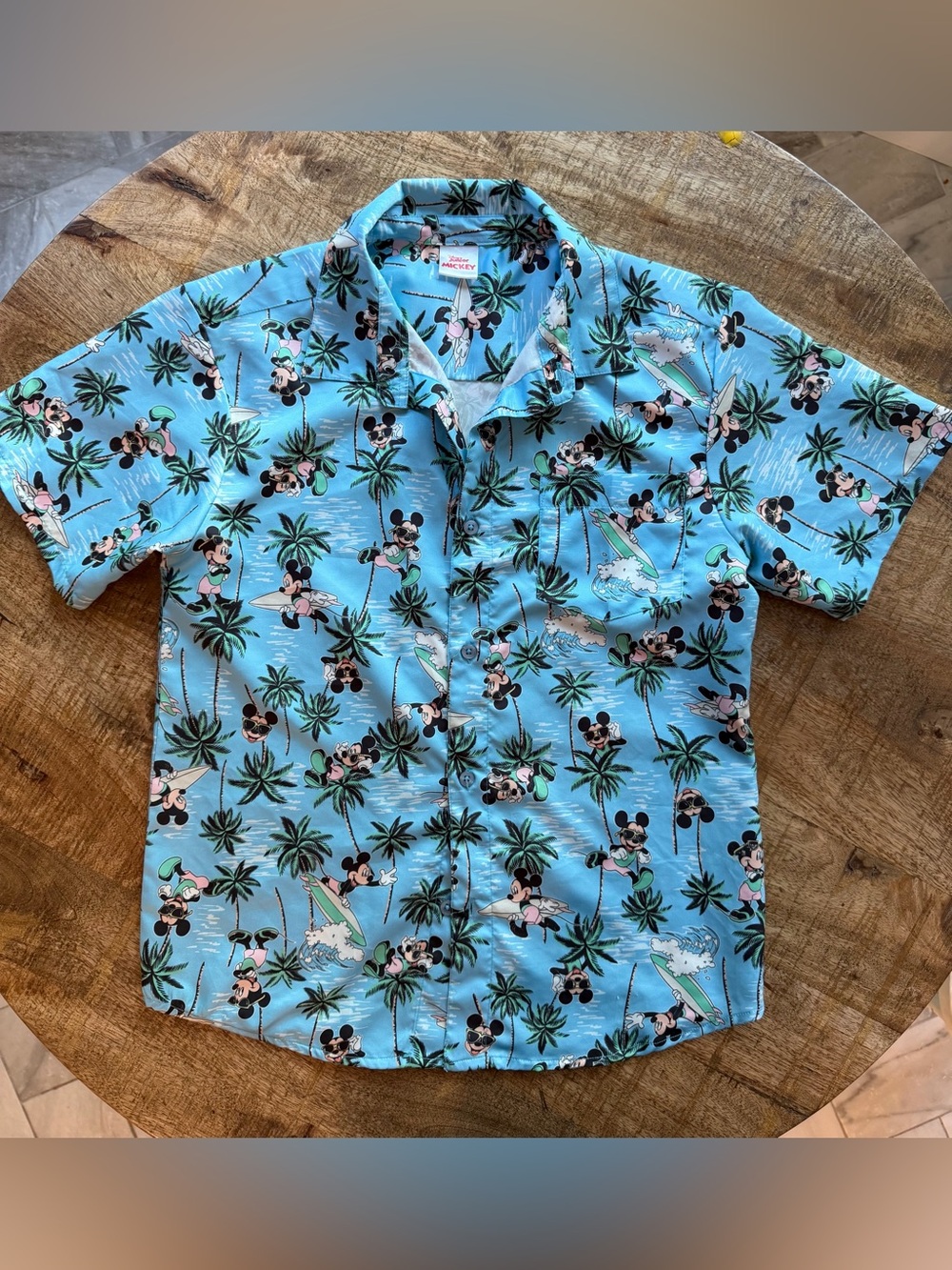 Disney Light Blue Mickey Mouse Surf & Palm Short Sleeve Shirt